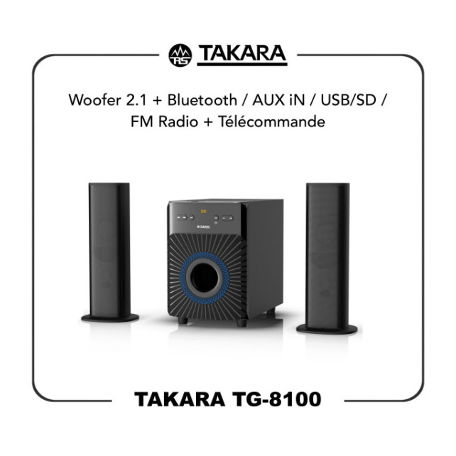 BAFFLE 2.1 + Bluetooth / Aux in / Usb / SD/ Fm radio + Télécommande Takara TG-8100