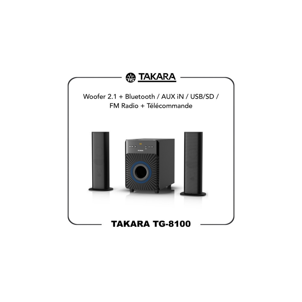 BAFFLE 2.1 + Bluetooth / Aux in / Usb / SD/ Fm radio + Télécommande Takara TG-8100