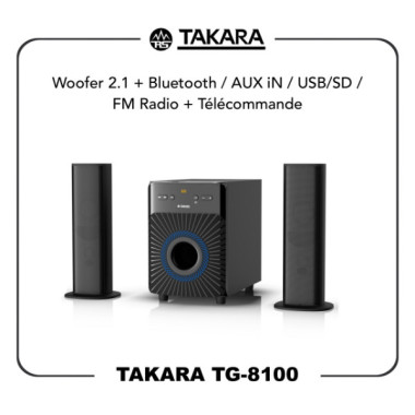 BAFFLE 2.1 + Bluetooth / Aux in / Usb / SD/ Fm radio + Télécommande Takara TG-8100