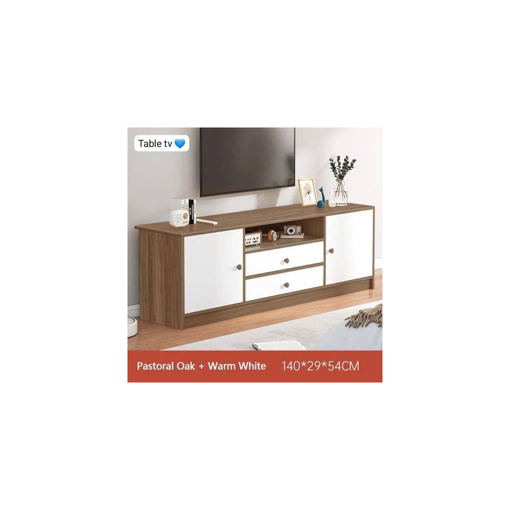 Meuble TV, centre de divertissement blanc avec 2 tiroirs et 2 armoire de rangement, console TV pour salon et chambre à coucher