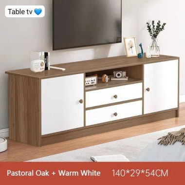 Meuble TV, centre de divertissement blanc avec 2 tiroirs et 2 armoire de rangement, console TV pour salon et chambre à coucher