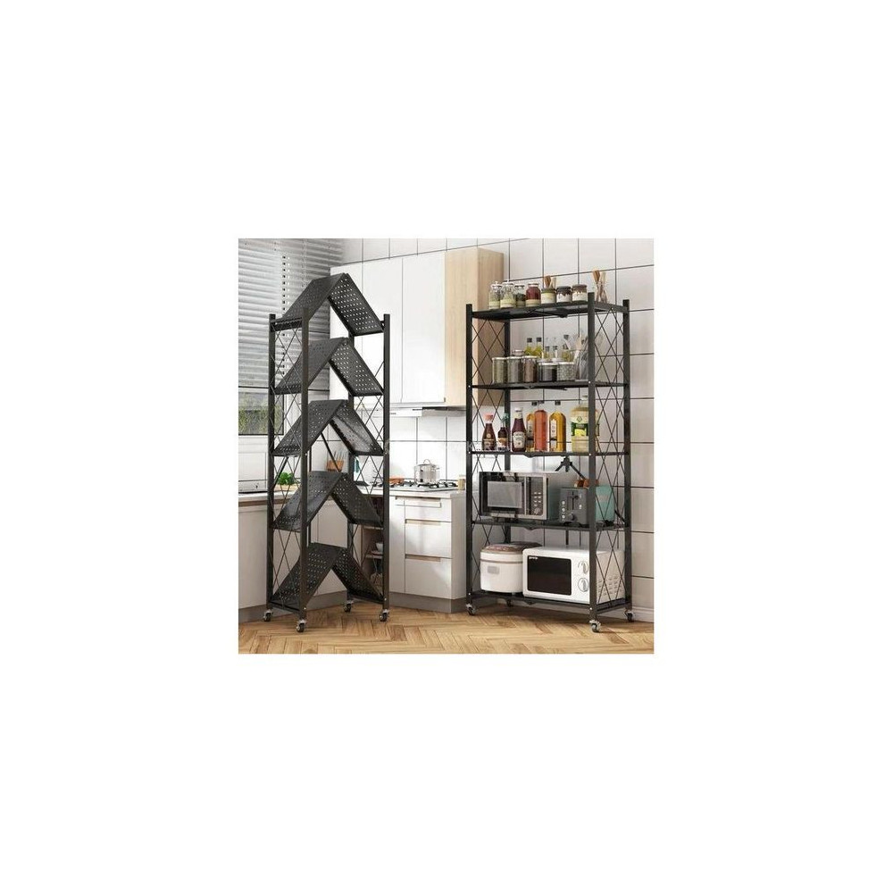 Étagère de rangement pliable en métal - 5 niveaux avec roulettes - Noir