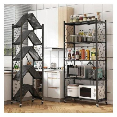 Étagère de rangement pliable en métal - 5 niveaux avec roulettes - Noir