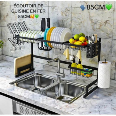 Etagere de rangement Vaisselle en acier inoxydable pour évier - Avec crochets pour ustensiles