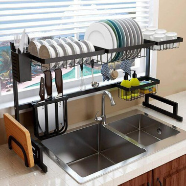 Etagere de rangement Vaisselle en acier inoxydable pour évier - Avec crochets pour ustensiles