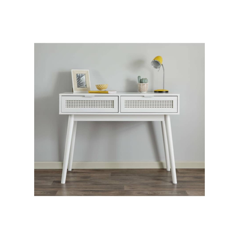 Console blanche 2 tiroirs cannage naturel