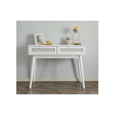 Console blanche 2 tiroirs cannage naturel